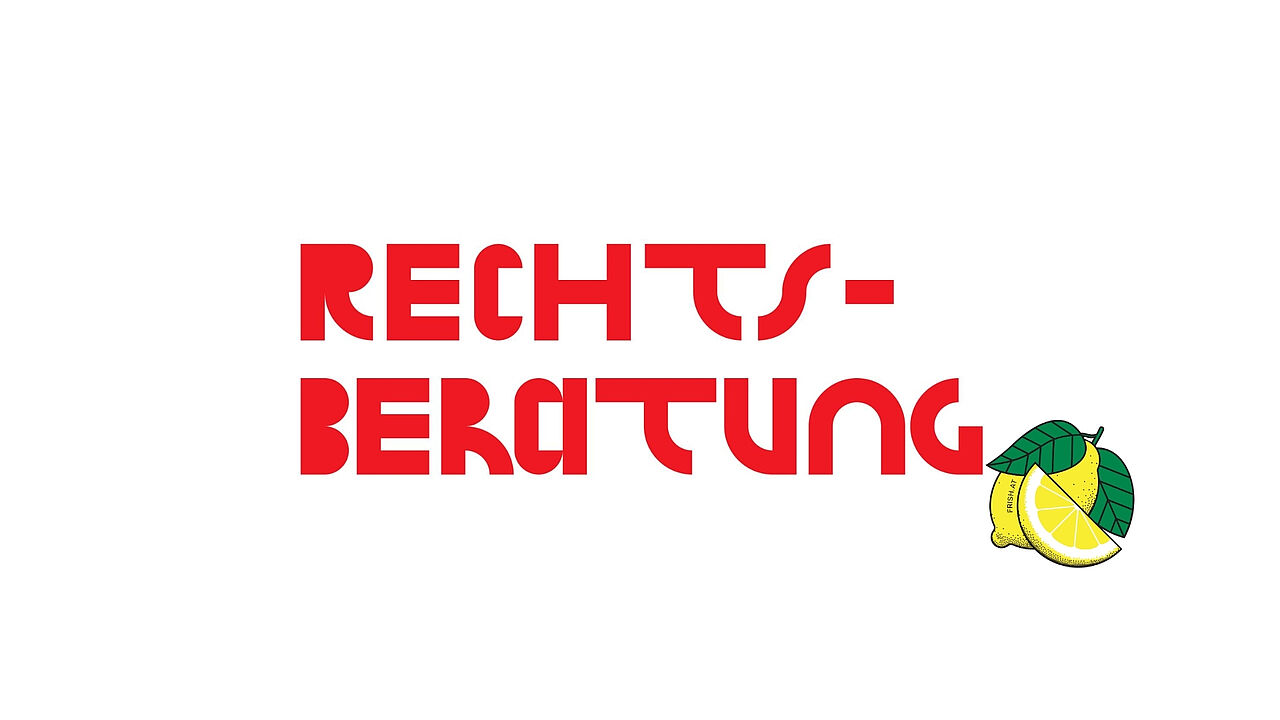 Logo mit roter Aufschrift „Rechtsberatung“ in moderner, geometrischer Schrift; daneben eine gezeichnete Zitrone mit grünen Blättern und dem Schriftzug „Fresh.at".