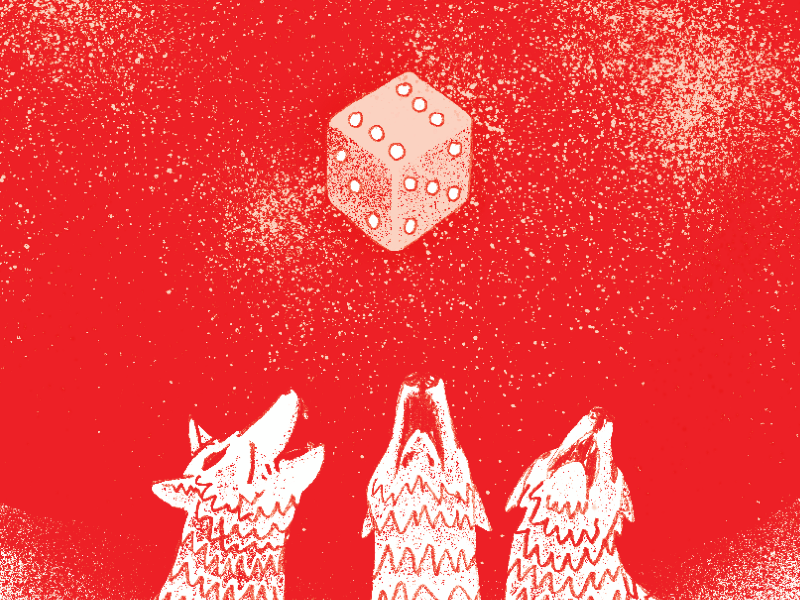 Eine Illustration von drei Werwölfen, die einen Würfel-Mond anheulen.